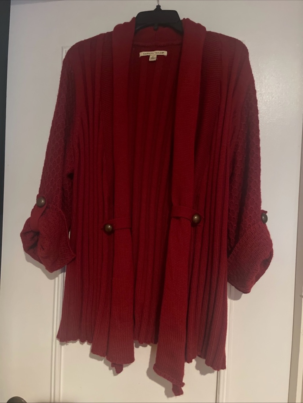 Carolyn Taylor Red Open-Front Ribbed Cardigan with Button Tabs